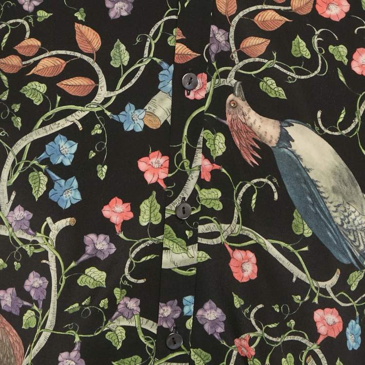 Pre Owned Gucci Black Birds Of Prey Print Silk Button Down Collar Shirt M