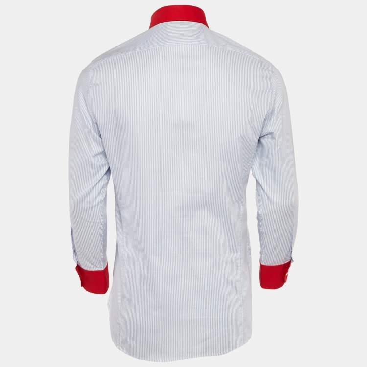 Pre Owned Gucci Blue Striped Cotton Contrast Collar Shirt L