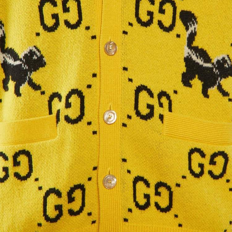 Pre Owned Gucci Yellow GG Skunk Wool Knit Button Front Cardigan M
