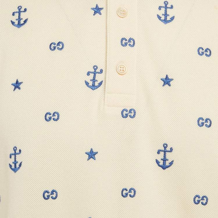 Pre Owned Gucci Cream GG and Anchor Embroidered Pique Polo T-Shirt L