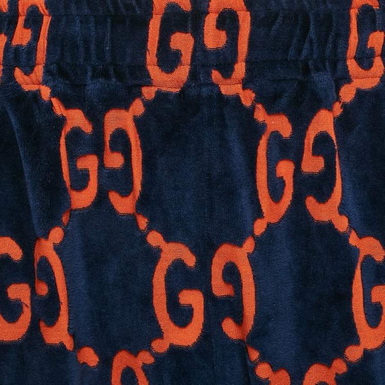 Pre Owned Gucci Blue & Orange Chenille GG Logo Velvet Track Pants L