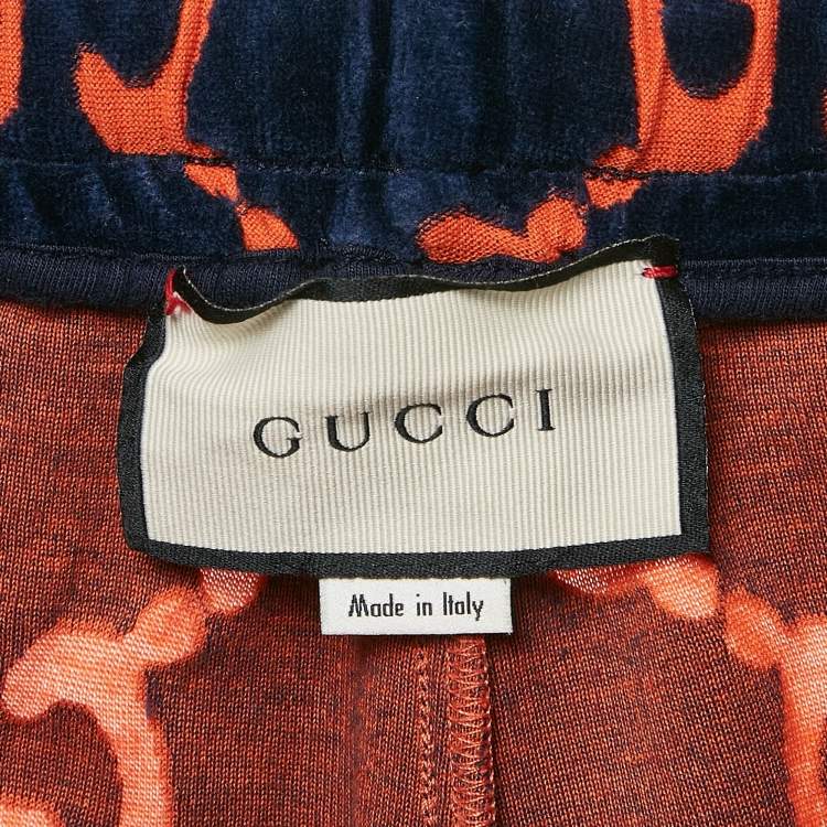Pre Owned Gucci Blue & Orange Chenille GG Logo Velvet Track Pants L