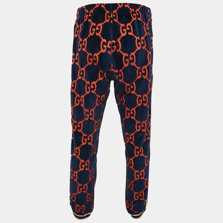 Pre Owned Gucci Blue & Orange Chenille GG Logo Velvet Track Pants L