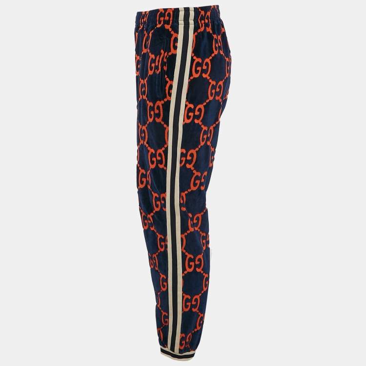 Pre Owned Gucci Blue & Orange Chenille GG Logo Velvet Track Pants L