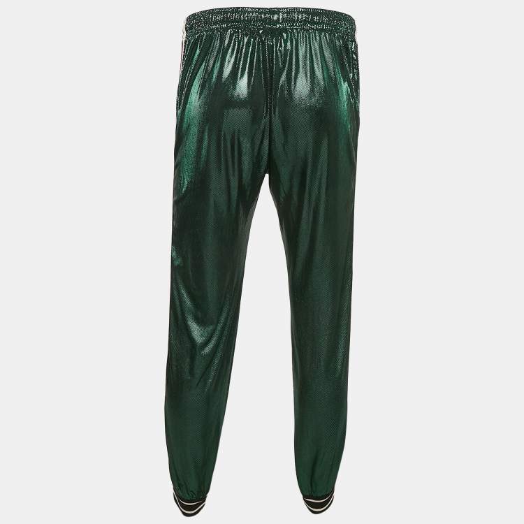 Pre Owned Gucci Metallic Green Logo Striped Jersey Trackpants M