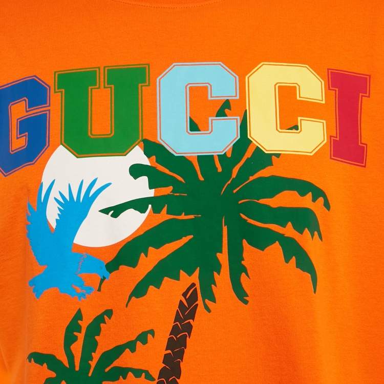 مملوكة مسبقًا Gucci Orange Gucci Palm Trees Print Cotton Oversized Crew Neck T-Shirt S