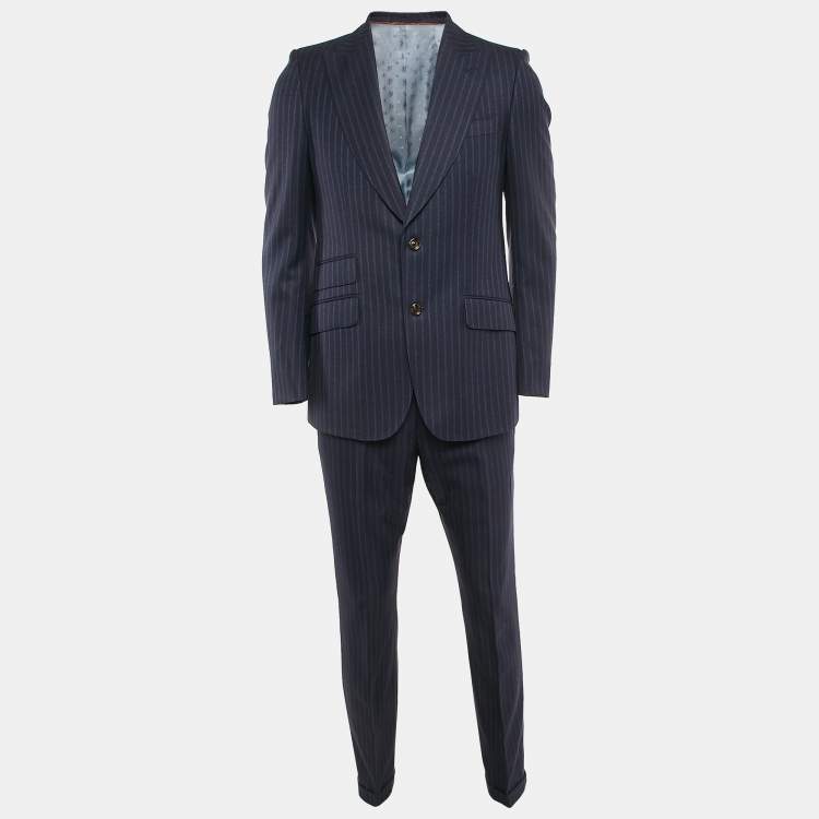 Pre Owned Gucci Navy Blue Stripe Wool Suit M