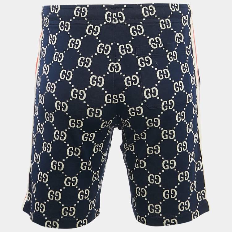 Pre Owned Gucci Navy Blue GG Supreme Jacquard Knit Contrast Striped Shorts XS