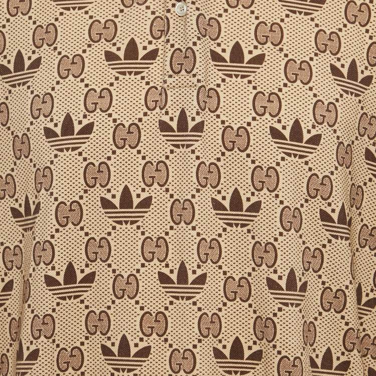 Pre Owned Gucci X Adidas Beige Logo Print Cotton Polo T-Shirt XXXL