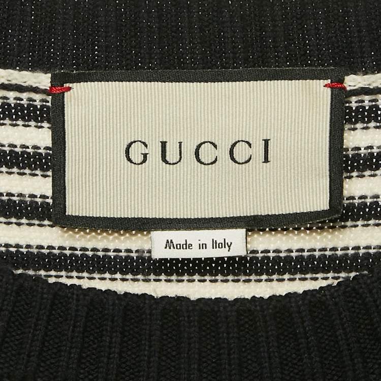 Pre Owned Gucci Black Navy Blue GG Jacquard Cotton Knit Crewneck Sweater L