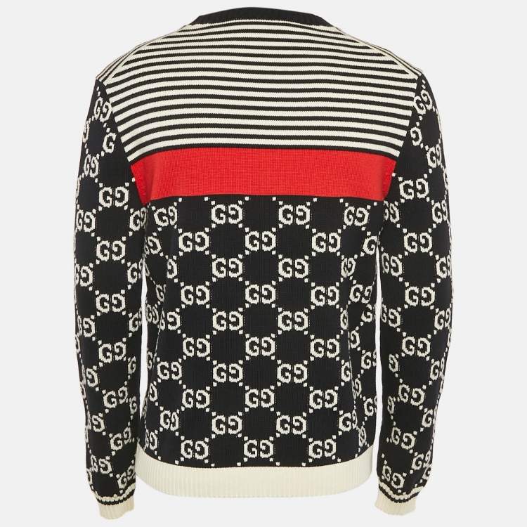 Pre Owned Gucci Black Navy Blue GG Jacquard Cotton Knit Crewneck Sweater L