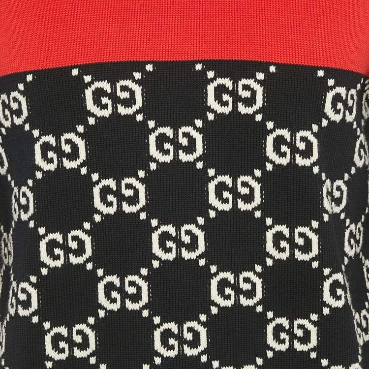 Pre Owned Gucci Black Navy Blue GG Jacquard Cotton Knit Crewneck Sweater L