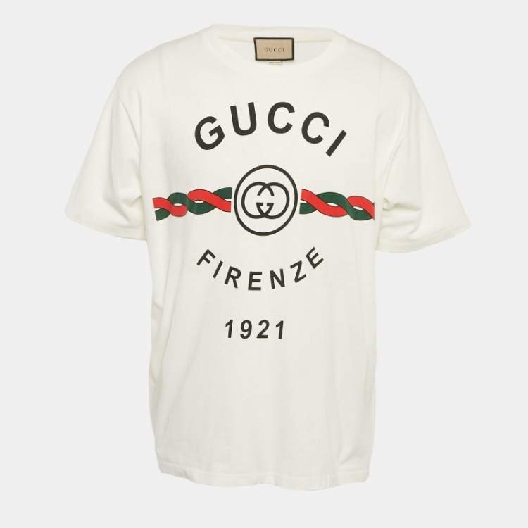 مملوكة مسبقًا Gucci White Logo Print Cotton Crew Neck T-Shirt M