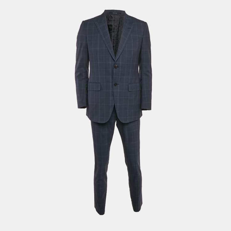 Pre Owned Gucci Navy Blue Plaid Wool Tailored Suit M