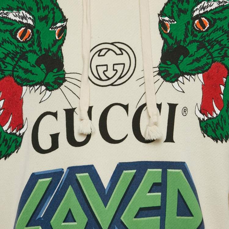 Pre Owned Gucci Off White Tiger Print Cotton Hoodie S