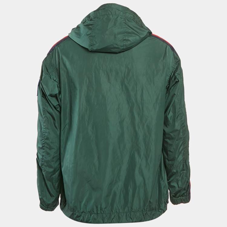 Pre Owned Gucci Green Logo Applique Nylon Web Trim Detail Hooded Windbreaker Jacket S