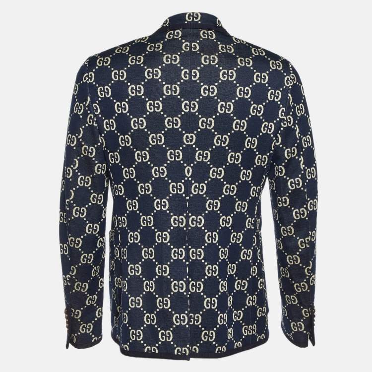 Pre Owned Gucci Navy Blue GG Jacquard Cotton Knit Blazer L