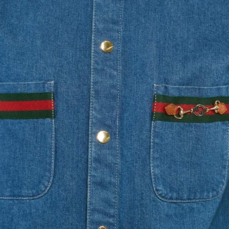 Pre Owned Gucci Blue Denim Web Detail Long Sleeve Shirt S