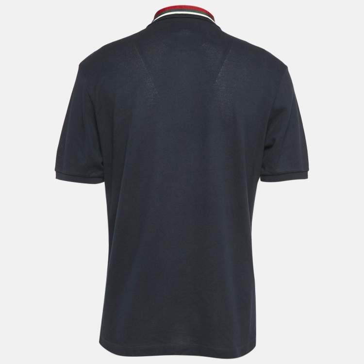 Pre Owned Gucci Navy Blue Cotton Pique Web Collar Detail Polo T-Shirt XL