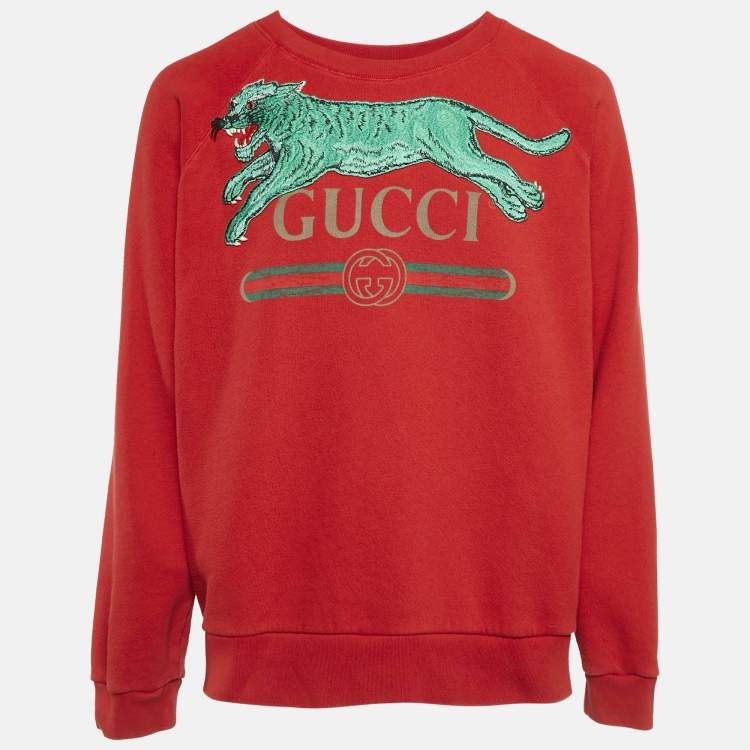Pre Owned Gucci Red Tiger Applique Cotton Knit Crewneck Sweater XL