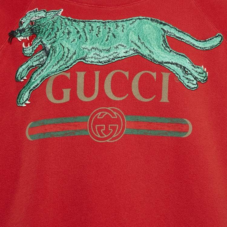Pre Owned Gucci Red Tiger Applique Cotton Knit Crewneck Sweater XL