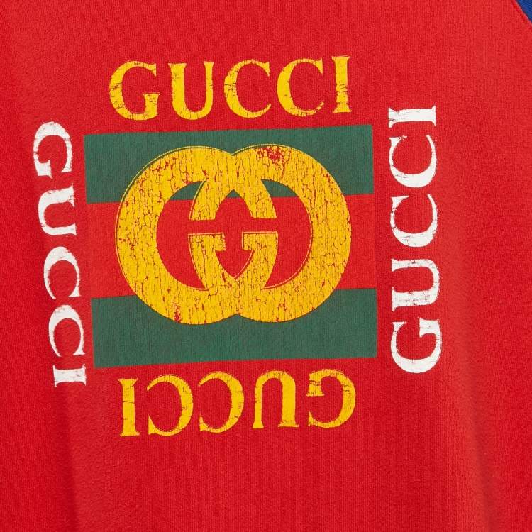 Pre Owned Gucci Blue/Red Vintage Logo Print Cotton Knit Crewneck Sweatshirt XL