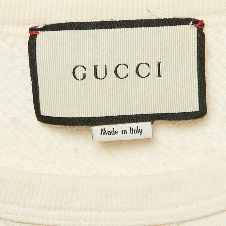 Pre Owned Gucci Off-White Printed Cotton Distressed Crew Neck Sweatshirt XXL