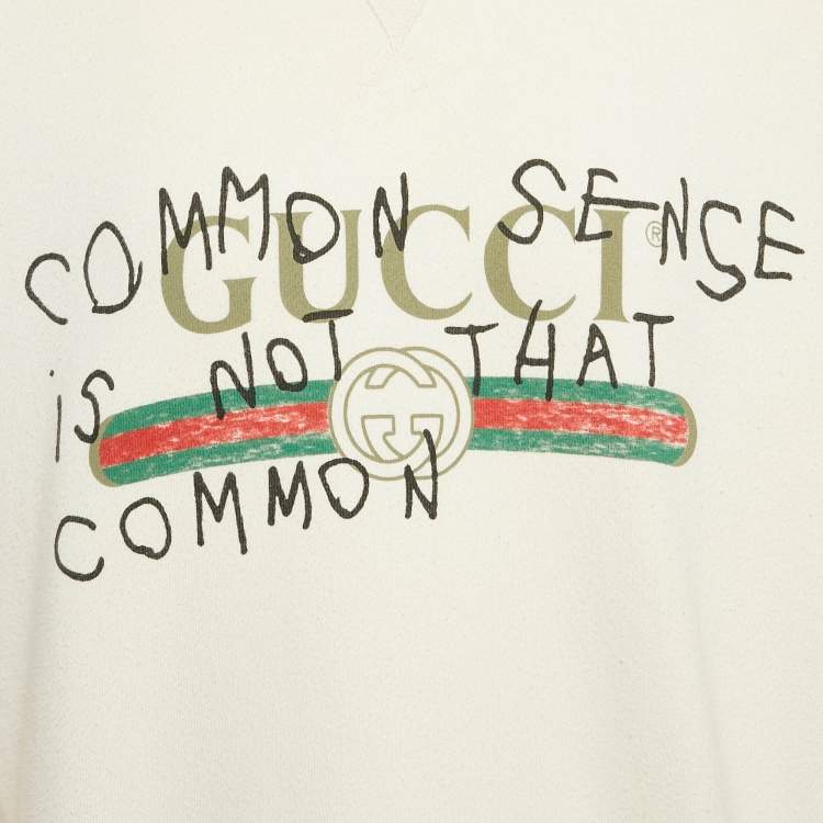 Pre Owned Gucci Off-White Printed Cotton Distressed Crew Neck Sweatshirt XXL