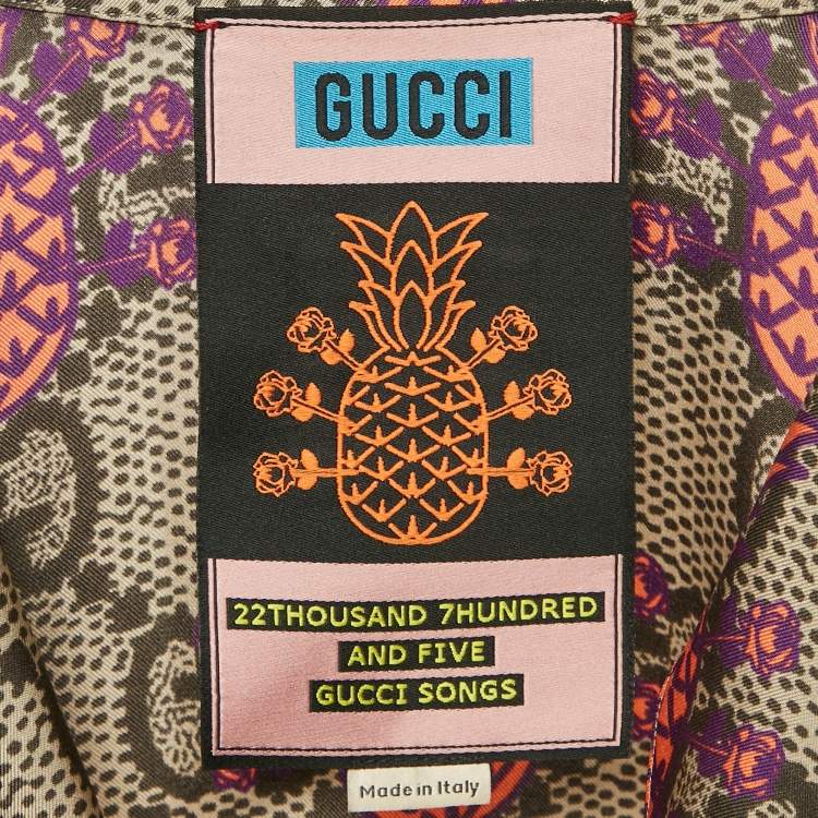 Pre Owned Gucci Brown/Pink Pineapple GG Print Silk Bowling Shirt M