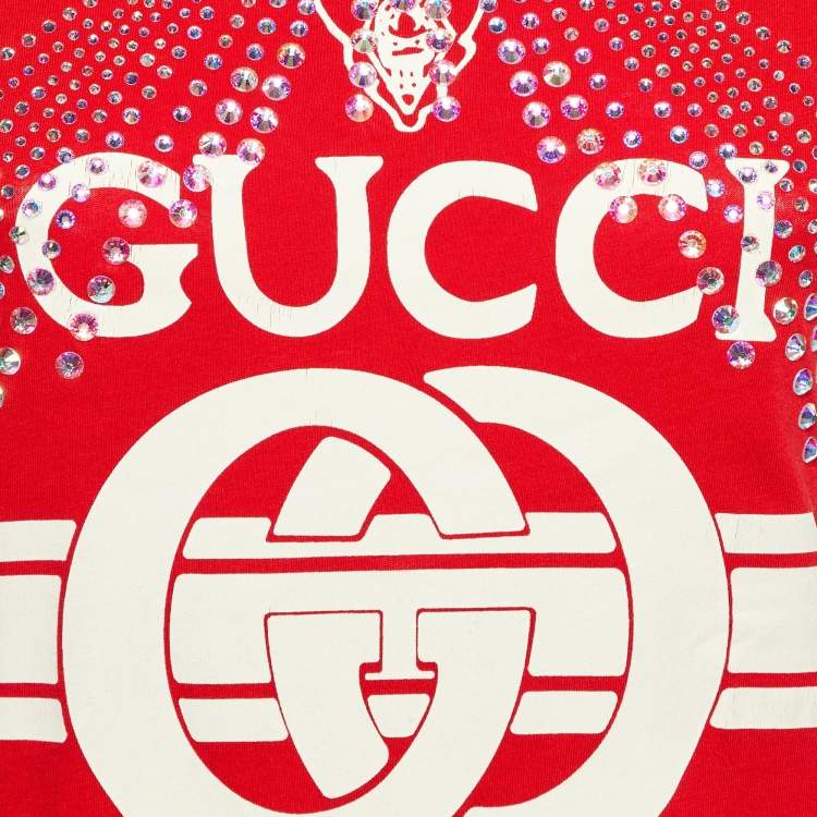 Pre Owned Gucci Red Cotton Logo Crystal Embellished T-Shirt S