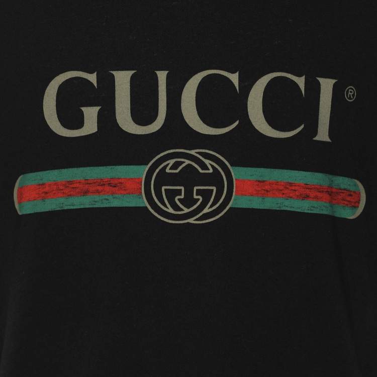 Pre Owned Gucci Black Logo Print Cotton Round Neck T-Shirt L