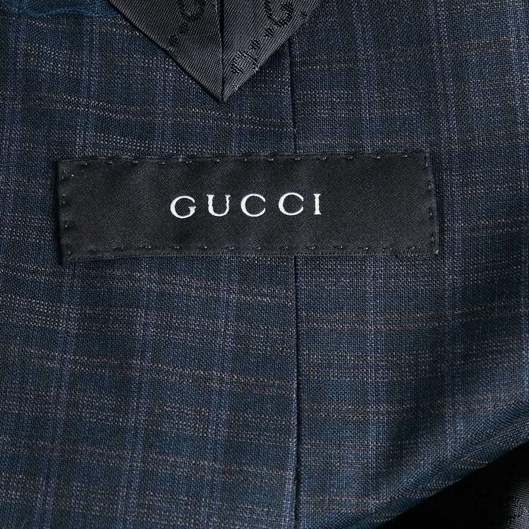 Pre Owned Gucci Navy Blue Plaid Wool Tailored Pants Suit XXXL