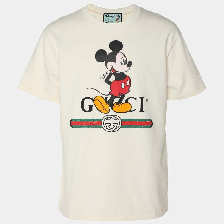 مملوكة مسبقًا Gucci X Disney Cream Logo Printed Cotton Crewneck Oversized T-Shirt XS