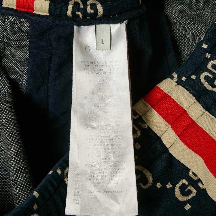 Pre Owned Gucci Navy Blue GG Supreme Cotton Knit Web Tape Trimmed Trackpants L