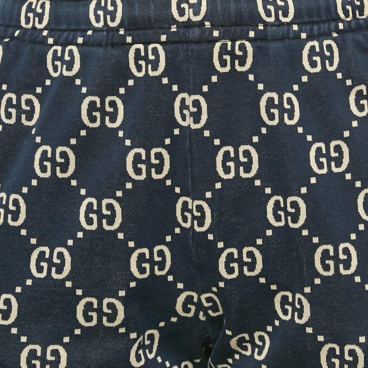Pre Owned Gucci Navy Blue GG Supreme Cotton Knit Web Tape Trimmed Trackpants L