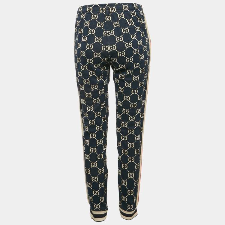 Pre Owned Gucci Navy Blue GG Supreme Cotton Knit Web Tape Trimmed Trackpants L