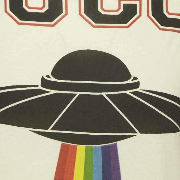 Pre Owned Gucci Cream UFO Print Cotton Distressed Crew Neck T-Shirt S