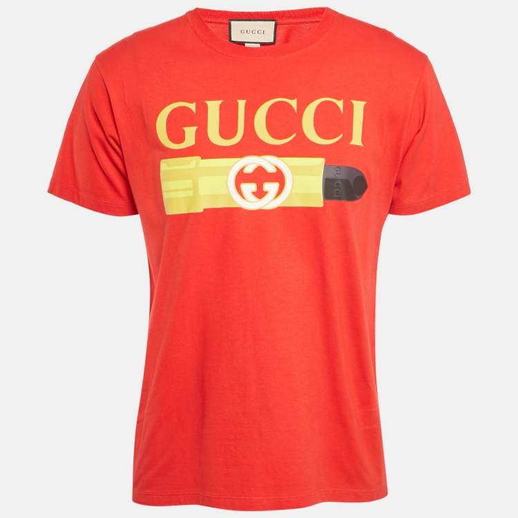 Pre Owned Gucci Red Logo Print Jersey Crew Neck T-Shirt S