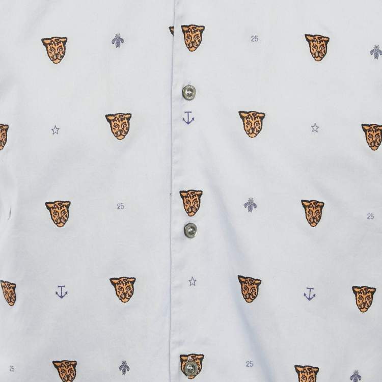 Pre Owned Gucci Blue Tiger Embroidered Cotton Bowling Shirt S