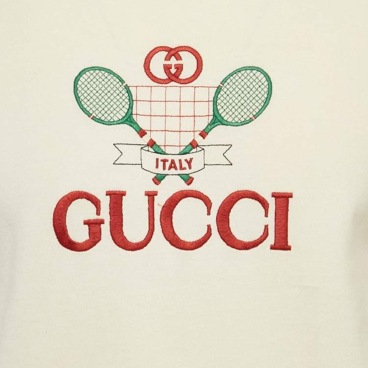 Pre Owned Gucci Off-White GG Tennis Embroidery Cotton Oversized T-Shirt XXS