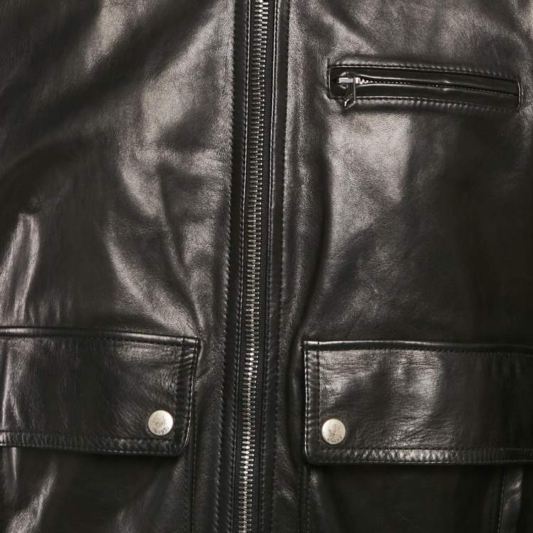 Pre Owned Gucci Black Leather Shearling Bomber Jacket XL