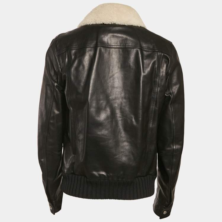 Pre Owned Gucci Black Leather Shearling Bomber Jacket XL