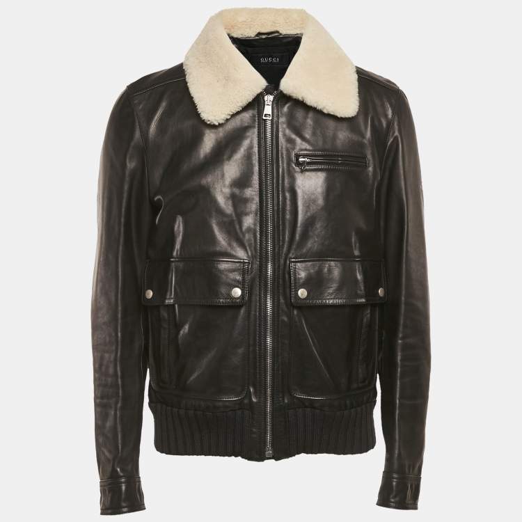 Pre Owned Gucci Black Leather Shearling Bomber Jacket XL