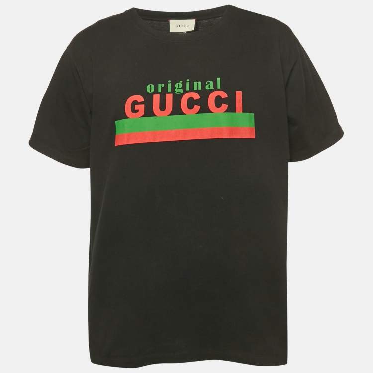 Pre Owned Gucci Black Logo Print Jersey Crewneck T-Shirt L