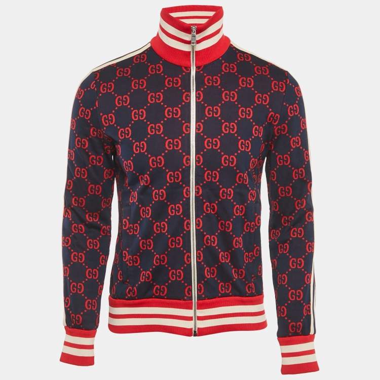 Pre Owned Gucci Navy Blue GG Jacquard Cotton Knit Zip-Up Jacket S