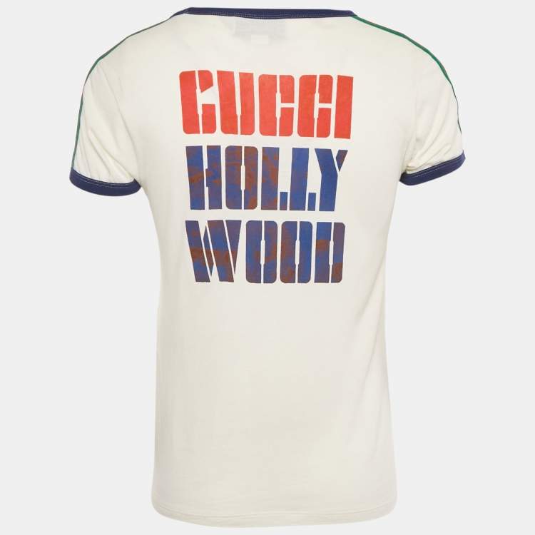 Pre Owned Gucci Cream Tiger Print Jersey Web Trim T-Shirt S 