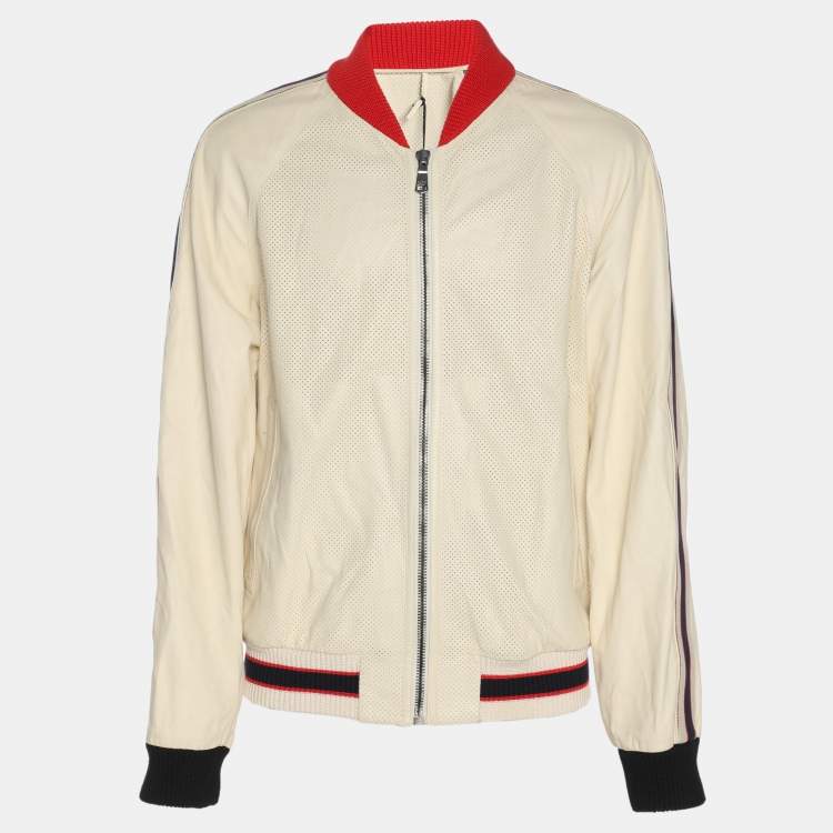 Pre Owned Gucci Cream Perforated Leather Logo Print Bomber jacket XL