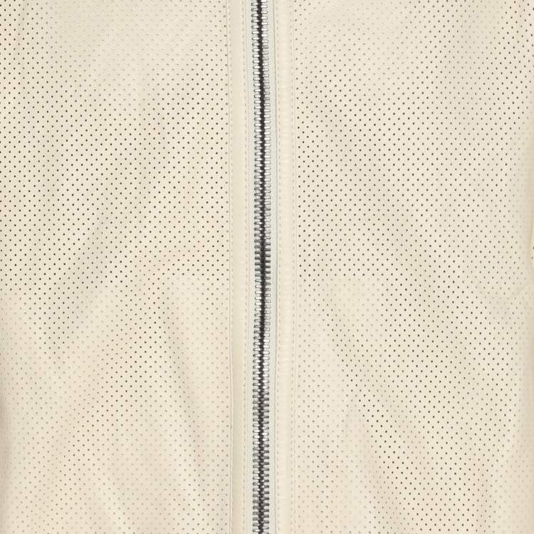 Pre Owned Gucci Cream Perforated Leather Logo Print Bomber jacket XL