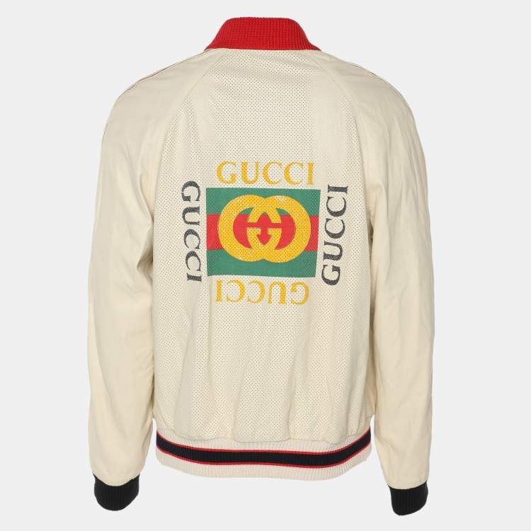 Pre Owned Gucci Cream Perforated Leather Logo Print Bomber jacket XL