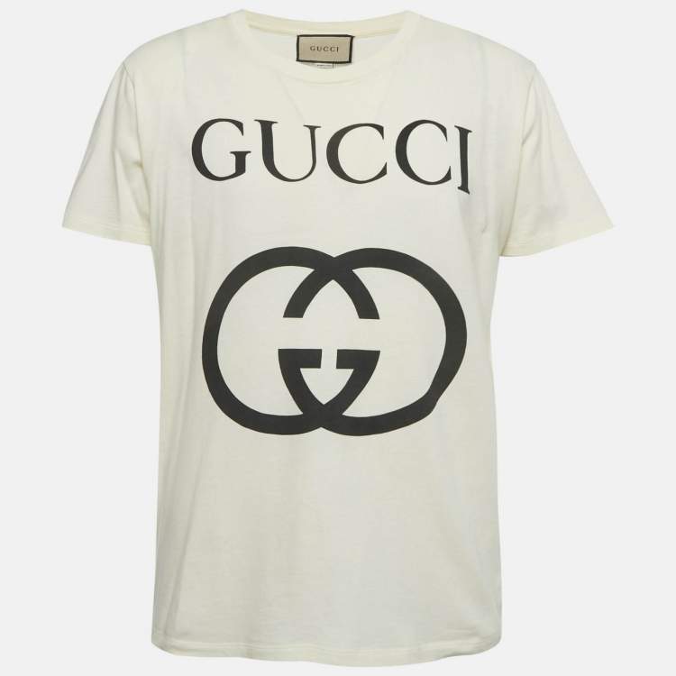 Pre Owned Gucci Cream Logo Print Jersey Crewneck T-Shirt M
